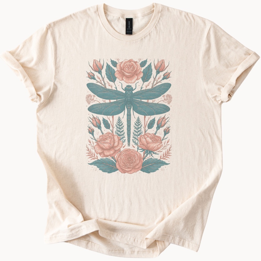 Dragonfly Shirt with Dusty Rose Botanical Art